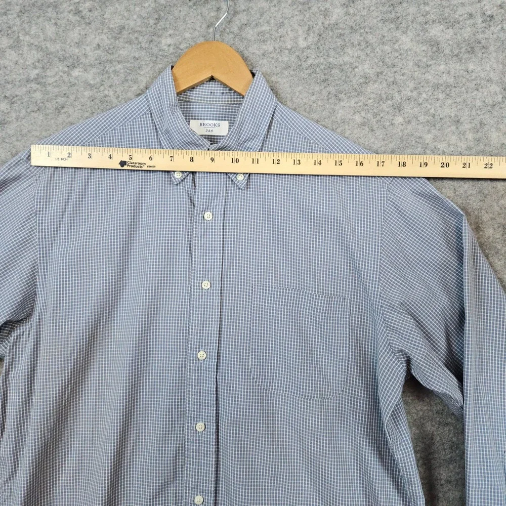 Brooks 346 Men's Gray Checks Dress Shirt Size M 15 1/2 - 32/33 100% Cotton STAIN